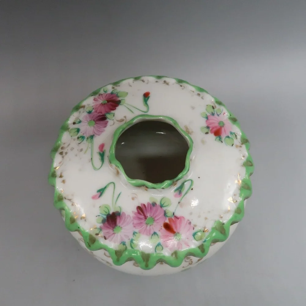 Nippon Hair Receiver Floral White Hand Painted Porcelain Green Trim Granny Core
